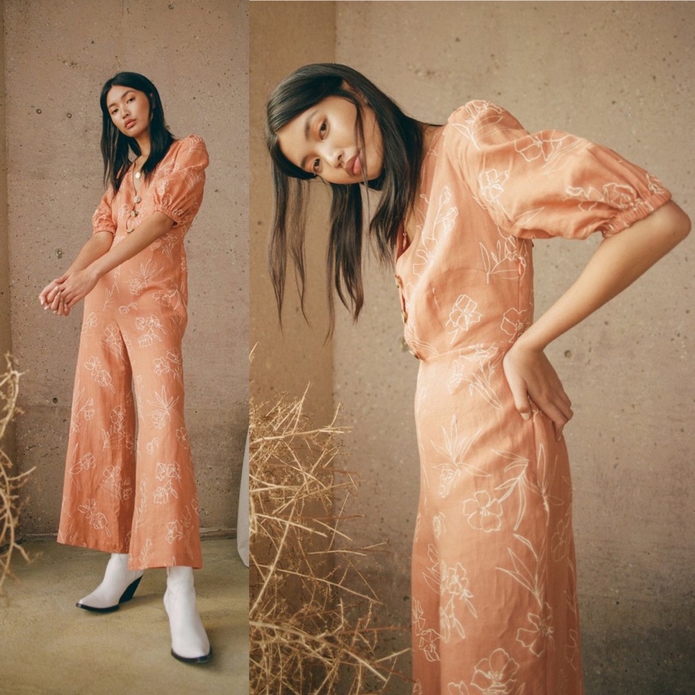 Capulet Isalina Oleander Floral Printed Linen Cropped Jumpsuit Coral S NWOT